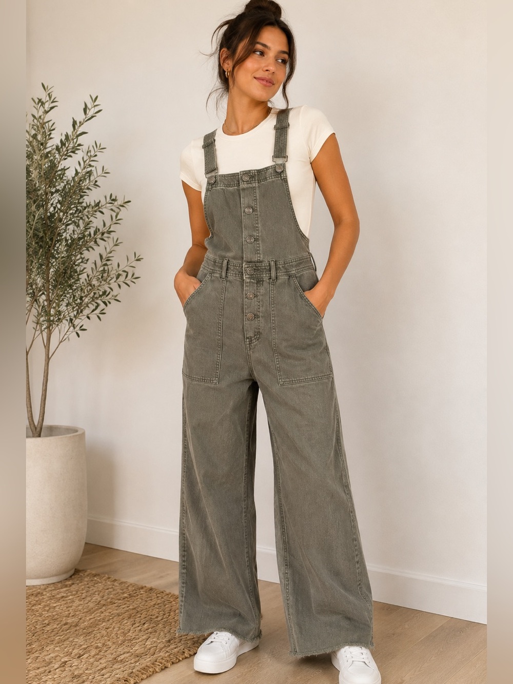 Aerie Olive Gray Wide Leg Denim Overalls Jumpsuit XS